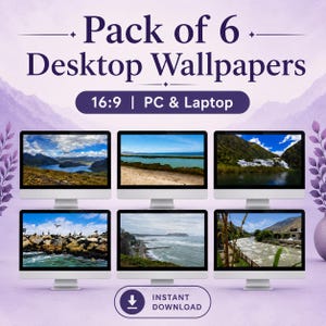 Puede incluir: Pack de 6 fondos de pantalla para escritorio mostrados en monitores de ordenador. Cada monitor muestra un paisaje diferente, incluyendo montañas, océanos y cascadas. El texto "Pack of 6 Desktop Wallpapers" está en la parte superior, con "16:9 | PC & Laptop" debajo. Un botón de "Instant Download" está en la parte inferior.