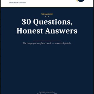 May include: A printable guide titled "30 Questions, Honest Answers" from Elephants Answering. The guide is on a dark blue background with white text. The text "The Q&A Guide" is at the top. The guide is for divorce support and refuge.
