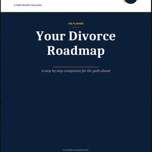 May include: A navy blue printable planner titled "Your Divorce Roadmap." The text is in white, with the words "Divorce Roadmap" in a larger font. The planner is from Elephants Answering, PBC, offering divorce support and refuge.