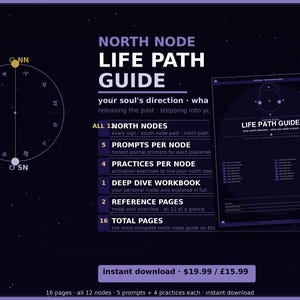 May include: A digital product advertisement with a dark purple background. The text reads "NORTH NODE LIFE PATH GUIDE" with details on prompts, practices, and a workbook. A circular astrological chart and a digital guide are also shown.