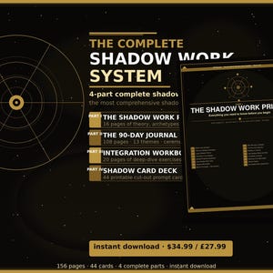 Op de afbeelding: Een digitale productadvertentie met een donkere achtergrond en gouden accenten. De tekst luidt "THE COMPLETE SHADOW WORK SYSTEM" en vermeldt vier onderdelen: theorie, journal, werkboek en kaartspel. Een cirkelvormige afbeelding en een boekomslag worden ook weergegeven.