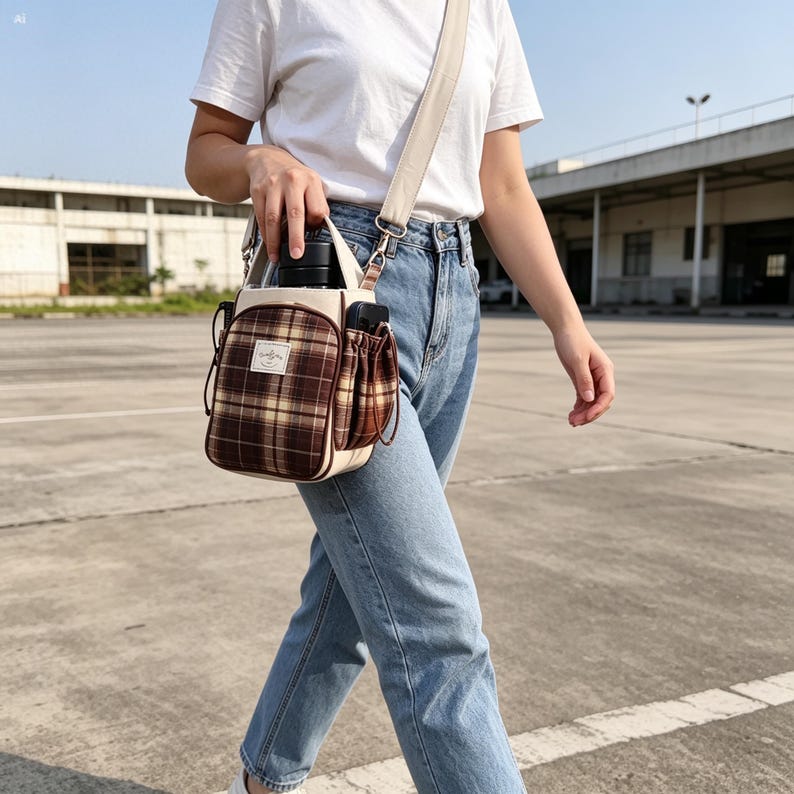 May include: A crossbody bag featuring a brown and tan plaid pattern on the front pocket, a cream-colored body, and a wide adjustable shoulder strap. The bag includes a side pocket and a small rectangular white label with black text on the front.