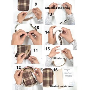 May include: A multi-step sewing tutorial showing the assembly of a brown plaid fabric pouch. Steps 9 through 16 illustrate attaching lining, sewing zippers, and blind stitching. Text labels include 'Attached the lining', 'Blind stitch', and 'Attached to main panel'.