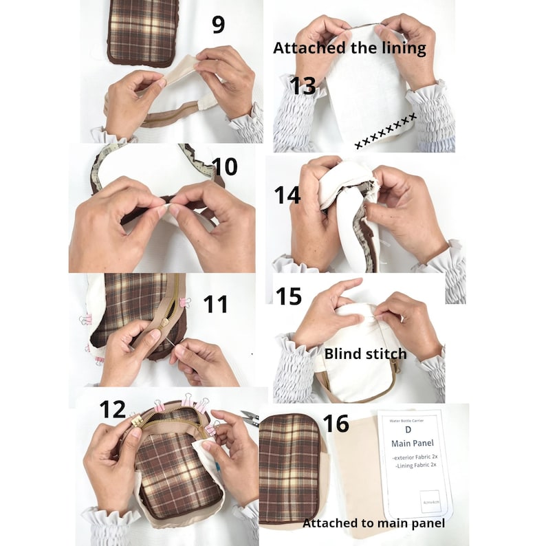 May include: A multi-step sewing tutorial showing the assembly of a brown plaid fabric pouch. Steps 9 through 16 illustrate attaching lining, sewing zippers, and blind stitching. Text labels include 'Attached the lining', 'Blind stitch', and 'Attached to main panel'.