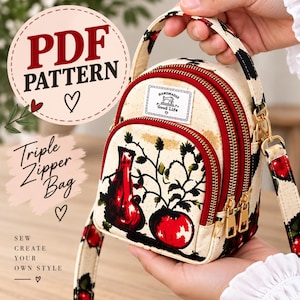 May include: A triple zipper bag featuring a cream-colored fabric with a red cherry and green leaf print. The bag has a top handle, a detachable shoulder strap, and a white rectangular label that reads Handmade Good Life with a sewing machine icon.