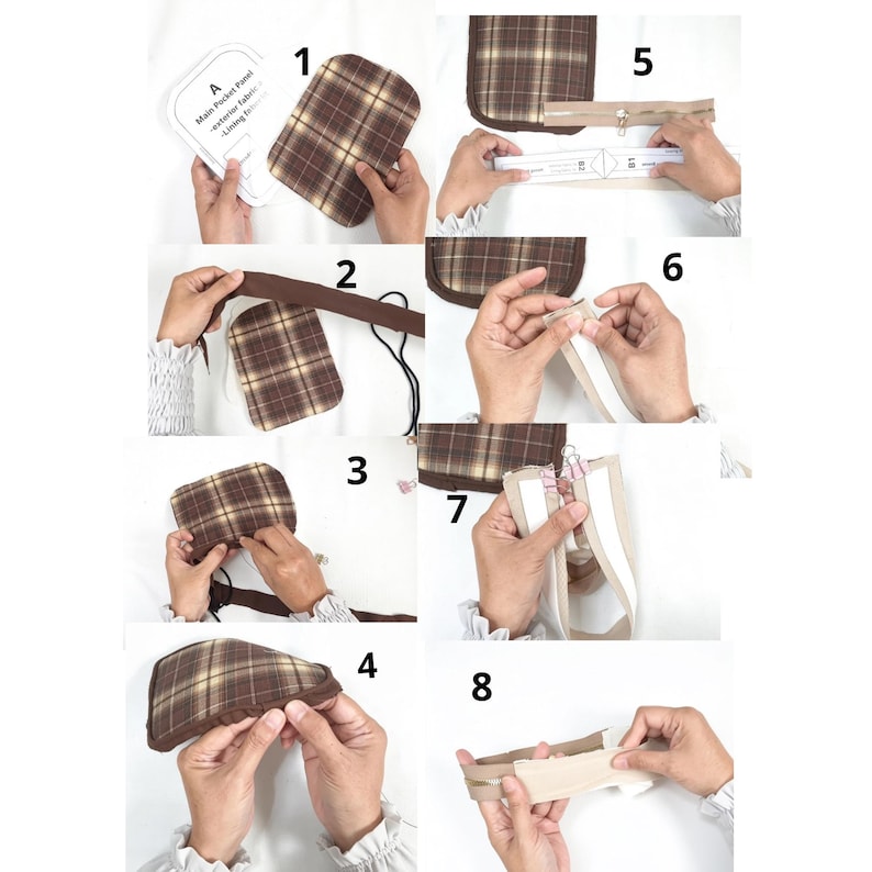 May include: A sewing tutorial collage showing eight steps to assemble a plaid fabric pouch. The images feature brown and tan plaid fabric pieces, beige zipper tape, paper pattern templates labeled A, and metal clips used to secure the fabric edges.