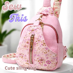 May include: A pink sling bag with a textured finish and a floral pattern on the front pocket and strap. The bag features a vertical gold-tone zip closure and gold hardware. The text "Sew This" and "Cute sling bag" appear on the image.