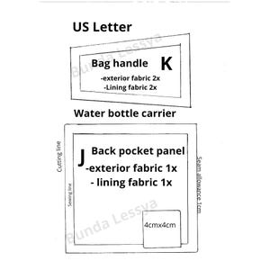 May include: A sewing pattern diagram for a water bottle carrier labeled US Letter. It includes a rectangular bag handle piece K requiring 2x exterior and 2x lining fabric, and a square back pocket panel J requiring 1x exterior and 1x lining fabric.