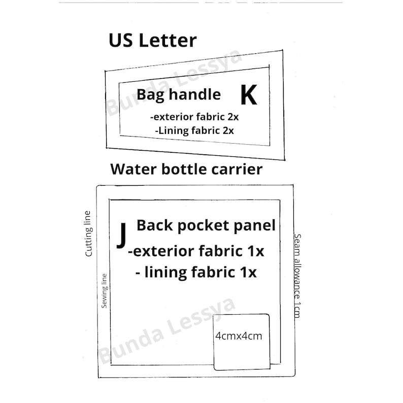 May include: A sewing pattern diagram for a water bottle carrier labeled US Letter. It includes a rectangular bag handle piece K requiring 2x exterior and 2x lining fabric, and a square back pocket panel J requiring 1x exterior and 1x lining fabric.
