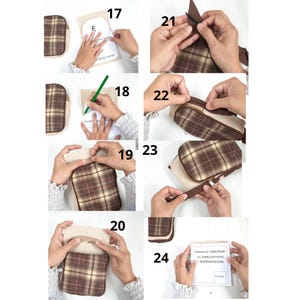 May include: A multi-step instructional guide for sewing a plaid fabric bag, featuring numbered panels 17 through 24. The images demonstrate using paper templates, marking fabric with a green pen, attaching zippers, and assembling components.