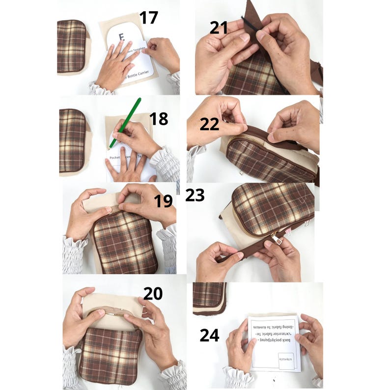 May include: A multi-step instructional guide for sewing a plaid fabric bag, featuring numbered panels 17 through 24. The images demonstrate using paper templates, marking fabric with a green pen, attaching zippers, and assembling components.
