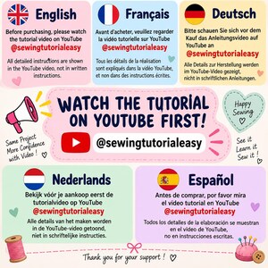 May include: An informational graphic with a pink background featuring text in English, French, German, Dutch, and Spanish. It displays the YouTube handle @sewingtutorialeasy, a megaphone icon, a spool of pink thread, and a pincushion with pins.