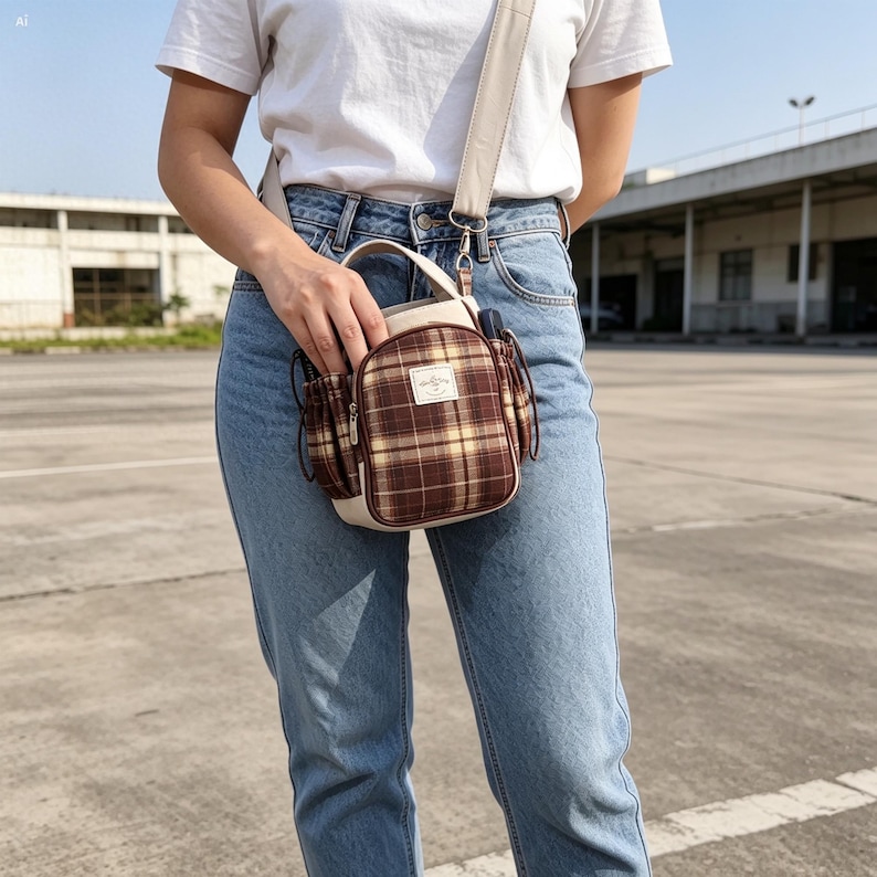May include: A small crossbody bag featuring a brown and tan plaid pattern with cream-colored trim and a top handle. The bag has a front zippered pocket with a rectangular label, side pockets, and an adjustable shoulder strap. The bag is worn over a white t-shirt and light blue denim jeans.