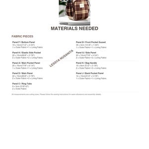 May include: A brown and white plaid crossbody bag with a front pocket, side pockets, and a top handle. The image includes a list of materials needed for sewing, with fabric panel dimensions ranging from 3 1/8 inches to 14 1/8 inches.
