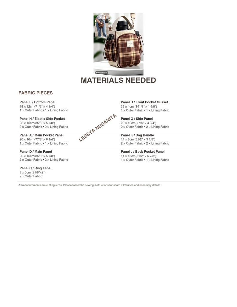 May include: A brown and white plaid crossbody bag with a front pocket, side pockets, and a top handle. The image includes a list of materials needed for sewing, with fabric panel dimensions ranging from 3 1/8 inches to 14 1/8 inches.