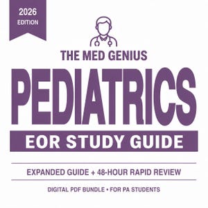 Könnte beinhalten: Ein violett-weißes digitales Studienführer-Cover mit dem Titel The Med Genius Pediatrics EOR Study Guide 2026 Edition. Es enthält ein Arzt-Symbol, Text zu einem erweiterten Leitfaden, eine 48-Stunden-Schnellübersicht und ein digitales PDF-Paket.