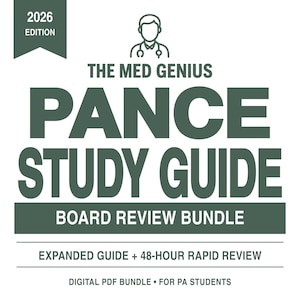 Peut inclure: Un guide d'étude numérique intitulé The Med Genius PANCE Study Guide Board Review Bundle 2026 Edition. Le texte est vert foncé sur fond blanc, avec une icône de médecin et les mentions Expanded Guide + 48-Hour Rapid Review.