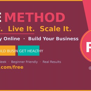 Puede incluir: Gráfico promocional con el texto "RISE METHOD" en blanco y rosa, con el lema "Learn It. Live It. Scale It." El texto adicional incluye "Make Money Online" y "Build Your Business." Un círculo con "RM" está a la derecha.