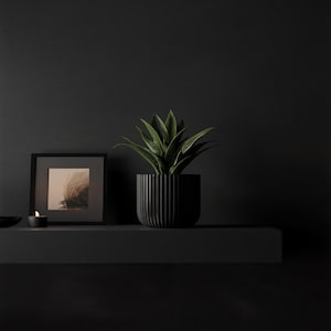 May include: A green succulent plant in a black, vertically ribbed cylindrical planter. Next to the planter is a small, square black picture frame containing a light-coloured abstract print and a small, round black candle with a lit flame.