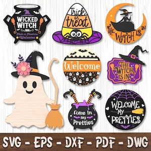 ハロウィンの魔女のドアハンガーSVG、不気味な大釜の看板レーザーカットファイル、魔女のウェルカムサインSVG（デジタルダウンロード）