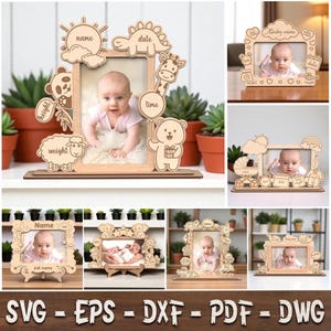Peut inclure: Une collection de cadres photo pour bébé en bois découpé au laser, ornés de motifs décoratifs tels que des animaux, des soleils et des nuages. Chaque cadre comporte des espaces pour les détails du bébé comme le nom, la date, l'heure et le poids.