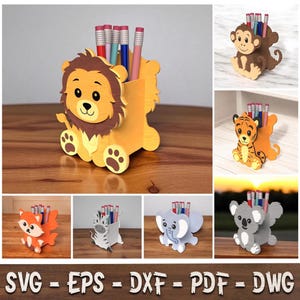 Peut inclure: Porte-crayons en bois en forme d'animaux, dont un lion, un singe, un tigre, un renard, un zèbre, un éléphant et un koala. Chaque support comporte une fente pour les crayons et est fabriqué en bois. Le bas de l'image affiche les options de format de fichier : SVG, EPS, DXF, PDF et DWG.