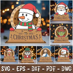 May include: A wooden Christmas countdown calendar featuring a circular frame with numbers 1 through 25. The base displays the text 'DAYS UNTIL CHRISTMAS'. Interchangeable character inserts include a snowman, Santa, an elf, a reindeer, a nutcracker, and Jesus.