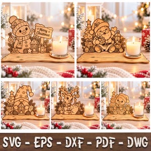 Könnte beinhalten: Ein Set aus fünf lasergeschnittenen hölzernen Weihnachts-Kerzenhaltern mit Gravuren eines Schneemanns mit Merry Christmas-Schild, Weihnachtsmann, Wichtel, Rentier und Teddybär, jeweils mit einem weißen Teelicht in einem Glashalter.