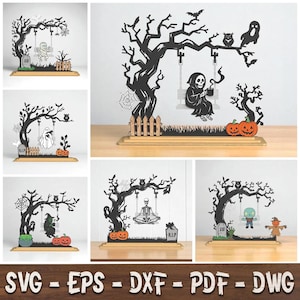 Könnte beinhalten: Eine Sammlung von schwarzen, lasergeschnittenen Halloween-Holzaufstellern mit verschiedenen Figuren wie Sensenmann, Skelett, Mumie und Geist auf einer Schaukel unter einem Baum. Jedes Teil enthält einen Sockel, Kürbisse und einen Grabstein.