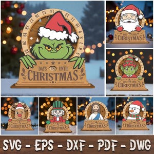 May include: A wooden countdown calendar featuring a circular frame with numbers 1 through 25 and a base labeled "DAYS UNTIL CHRISTMAS". The center displays interchangeable characters including a green creature, Santa, an elf, a reindeer, a nutcracker, Jesus, and a snowman.