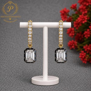 Emerald Cut Moissanite Drop Earrings | Black Rhodium & Yellow Gold Dangle Earrings | Art Deco Bridal Jewelry | Gift for Her