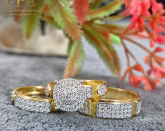 2CTW Round Moissanite Trio Bridal Ring Set, Yellow Gold Engagement Ring, Cluster Wedding Ring with Matching Bands, Handmade Gift for Her