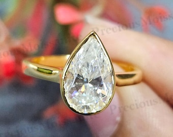 3CTW Pear Cut Moissanite Bezel Set Ring, Pear Moissanite Wedding Ring, Bridal Ring Pear, Unique Ring, Colorless Moissanite Ring, Classic