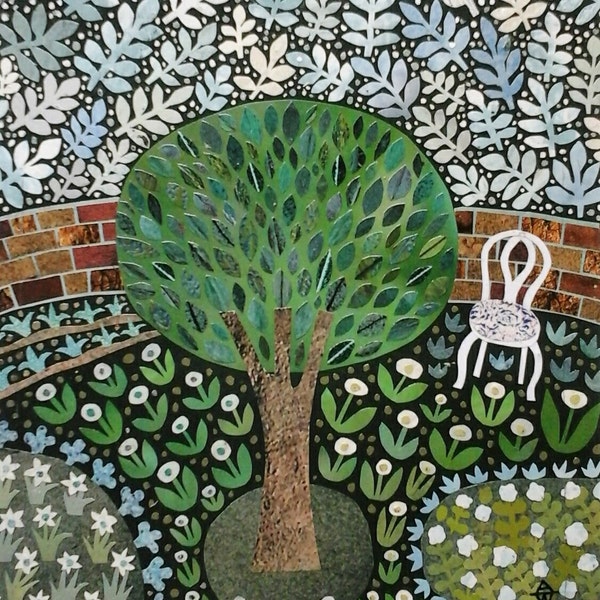 Arte original, cortar papel Collage, Naive, Folk, reciclado, jardín, árbol, verde, flores, arte, jardinería, regalos, diseño blanco de Amanda