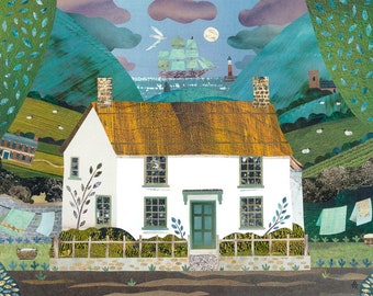 COLERIDGE COTTAGE Art Print, The Rime of the Ancient Mariner, National Trust Writers House, Naive Art, Somerset, Amanda White Design Collage