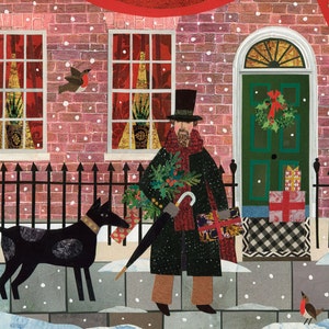 CHARLES DICKENS Christmas Holiday Card, Victorian, Dog, Writers House, London Snow Scene, Cut Paper Collage, Amanda White Design Collage