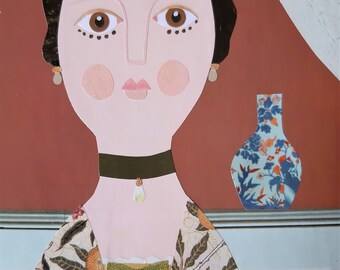 ORIGINAL COLLAGE, Portrait of an Eighteenth Century Lady, Amanda White Design Cut Paper Collage, Recycled Naive Art, Doll, Wall Art