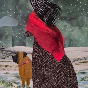 BRONTE SISTERS kerstkaart, Emily Bronte en Keeper, sneeuwlandschap, hond, Wuthering Heights, Amanda White Design, Bronte Country