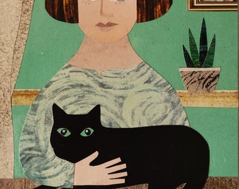 Opera d'arte ORIGINALE in stile Bloomsbury, Charleston Farmhouse Black Cat, Amanda White Design Cut Paper Collage Art Portrait, Arte naif riciclata