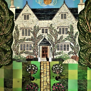 WILLIAM MORRIS Kelmscott Manor Art Print, Amanda White Design Cut Paper Collage, Anglia, Arts and Crafts, Morris & Co, Rose Garden, Oxford