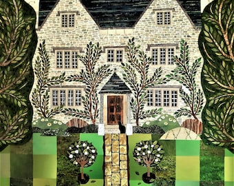 WILLIAM MORRIS Kelmscott Manor Art Print, Amanda White Design Cut Paper Collage, England, Arts and Crafts, Morris & Co, Rose Garden, Oxford