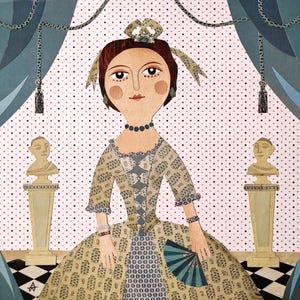 OPERA D'ARTE ORIGINALE Belle of the Ball, collage di carta ritagliata di Amanda White, ritratto di una signora, bambola in costume del XVIII secolo, arte naif riciclata
