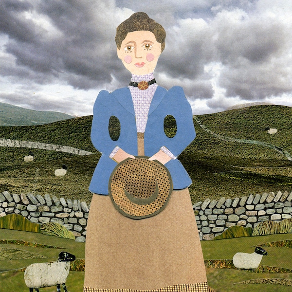 Carte de voeux BEATRIX POTTER, portrait Lake District, Peter Rabbit à Hill Top Farm National Trust, Amanda White Design artiste collage