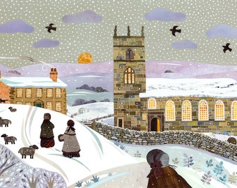 BRONTE SISTERS Christmas Holiday Art Card, Haworth Parsonage, Jane Eyre, Wuthering Heights, Amanda White Design, Traditional Snow Scene