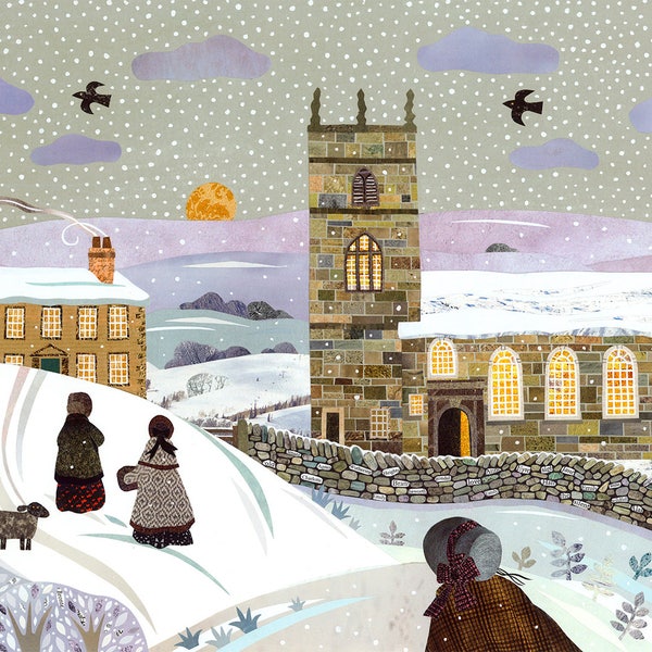 BRONTE SISTERS Christmas Holiday Art Card, Haworth Parsonage, Jane Eyre, Wuthering Heights, Amanda White Design, Traditional Snow Scene