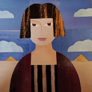 OPERE D'ARTE COLLAGE ORIGINALI, Ritratto di una donna, Collage di carta ritagliata, Amanda White Design, Viaggio nel deserto, Piramidi egizie, Arte murale, Arte naif