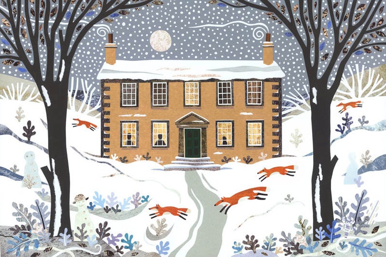 BRONTE SISTERS Art Print, Haworth Parsonage, Writers Houses Wall Art, Amanda White Design, Winter Foxes Snow Scene, Gift for Booklovers image 1