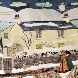 Art de vacances de Noël WORDSWORTH | Cottage aux colombes | Poètes du Lake District | Maisons d'écrivains | Modèle blanc Amanda | Scène de neige traditionnelle