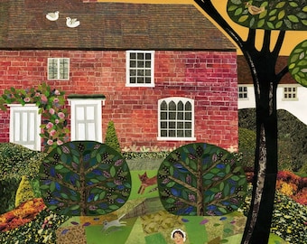 JANE AUSTEN Print of Chawton Cottage Garden | Pride and Prejudice | Writers House Museum | Amanda White Design Collage | Recycled Naive Art