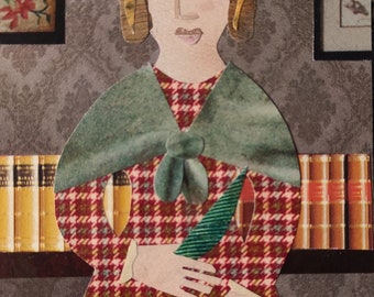 Oeuvre d'art ORIGINALE des soeurs Bronte, collage sur papier découpé, Anne Bronte, portrait miniature, design Amanda White, art abordable, Bronte Parsonage